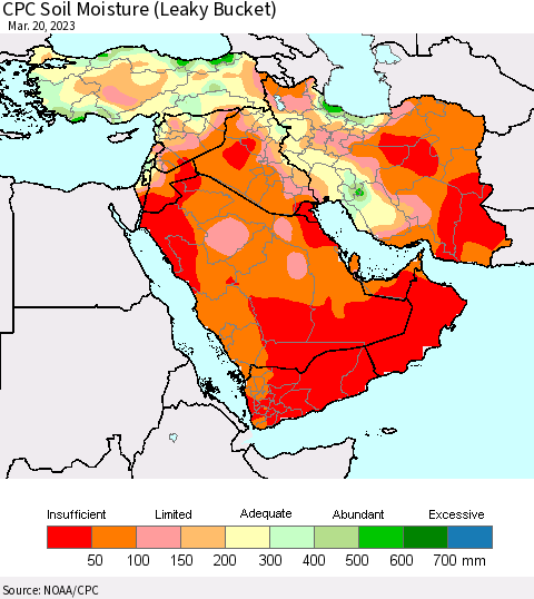 Middle East and Turkey CPC Soil Moisture (Leaky Bucket) Thematic Map For 3/16/2023 - 3/20/2023