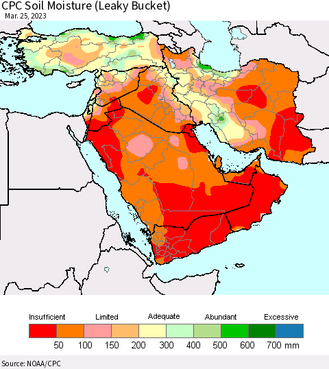 Middle East and Turkey CPC Soil Moisture (Leaky Bucket) Thematic Map For 3/21/2023 - 3/25/2023