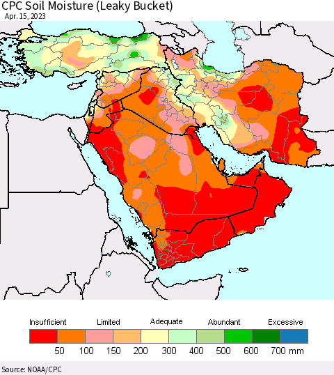 Middle East and Turkey CPC Soil Moisture (Leaky Bucket) Thematic Map For 4/11/2023 - 4/15/2023
