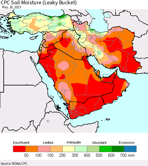 Middle East and Turkey CPC Soil Moisture (Leaky Bucket) Thematic Map For 5/16/2023 - 5/20/2023
