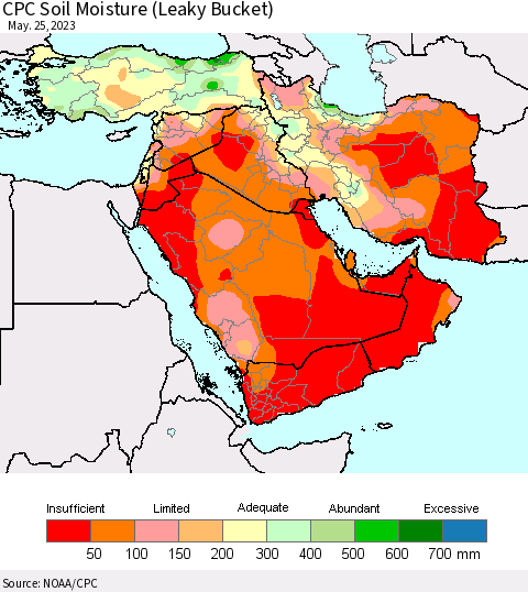 Middle East and Turkey CPC Soil Moisture (Leaky Bucket) Thematic Map For 5/21/2023 - 5/25/2023
