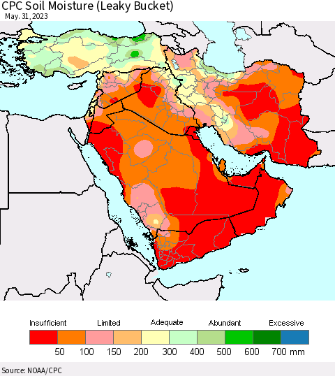 Middle East and Turkey CPC Soil Moisture (Leaky Bucket) Thematic Map For 5/26/2023 - 5/31/2023