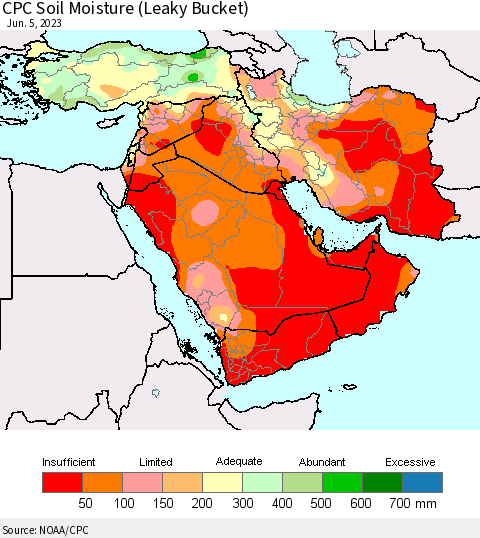 Middle East and Turkey CPC Soil Moisture (Leaky Bucket) Thematic Map For 6/1/2023 - 6/5/2023