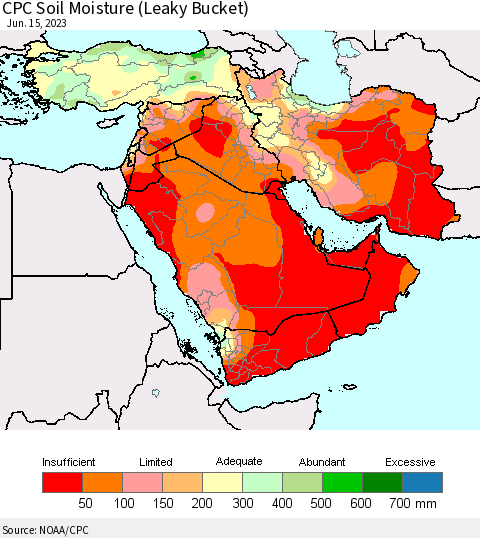 Middle East and Turkey CPC Soil Moisture (Leaky Bucket) Thematic Map For 6/11/2023 - 6/15/2023