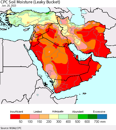 Middle East and Turkey CPC Soil Moisture (Leaky Bucket) Thematic Map For 6/16/2023 - 6/20/2023