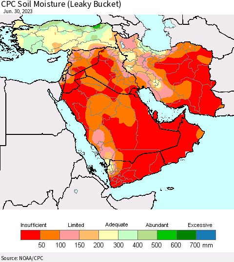 Middle East and Turkey CPC Soil Moisture (Leaky Bucket) Thematic Map For 6/26/2023 - 6/30/2023