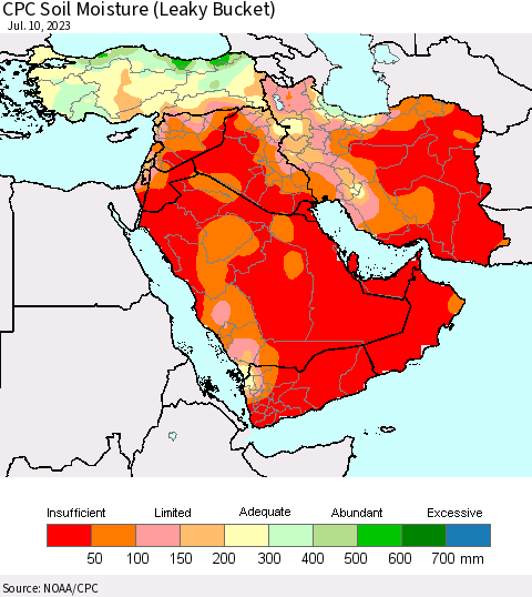 Middle East and Turkey CPC Soil Moisture (Leaky Bucket) Thematic Map For 7/6/2023 - 7/10/2023