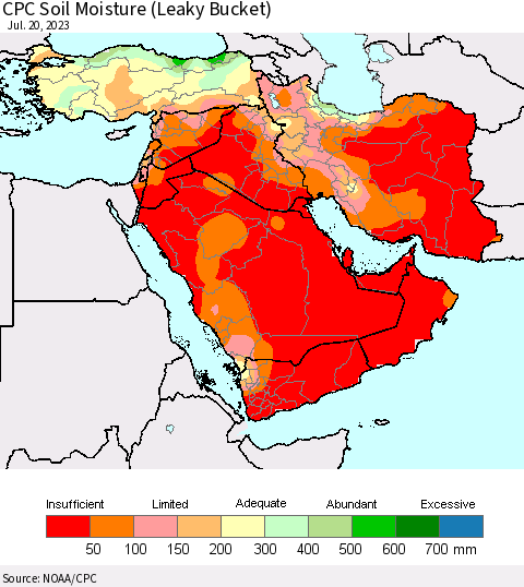 Middle East and Turkey CPC Soil Moisture (Leaky Bucket) Thematic Map For 7/16/2023 - 7/20/2023