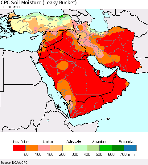 Middle East and Turkey CPC Soil Moisture (Leaky Bucket) Thematic Map For 7/26/2023 - 7/31/2023