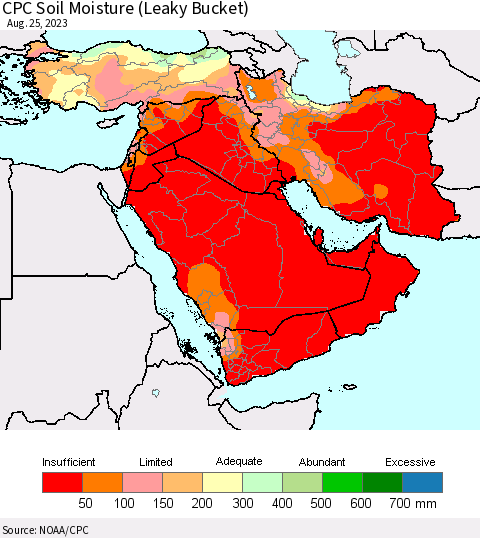Middle East and Turkey CPC Soil Moisture (Leaky Bucket) Thematic Map For 8/21/2023 - 8/25/2023