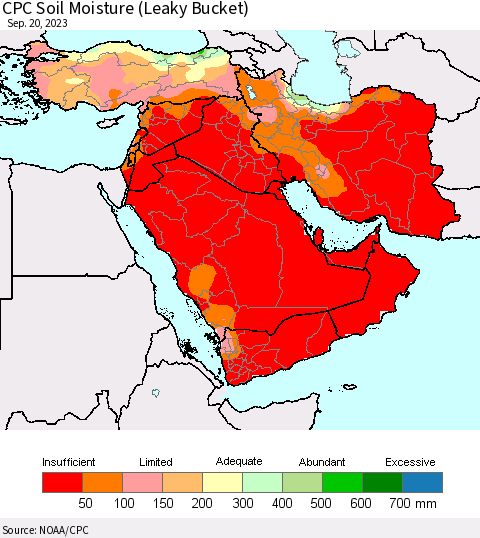 Middle East and Turkey CPC Soil Moisture (Leaky Bucket) Thematic Map For 9/16/2023 - 9/20/2023