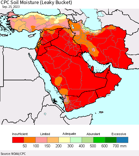 Middle East and Turkey CPC Soil Moisture (Leaky Bucket) Thematic Map For 9/21/2023 - 9/25/2023