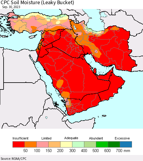 Middle East and Turkey CPC Soil Moisture (Leaky Bucket) Thematic Map For 9/26/2023 - 9/30/2023