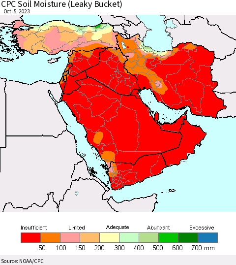Middle East and Turkey CPC Soil Moisture (Leaky Bucket) Thematic Map For 10/1/2023 - 10/5/2023
