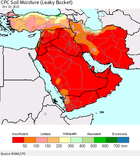 Middle East and Turkey CPC Soil Moisture (Leaky Bucket) Thematic Map For 10/6/2023 - 10/10/2023