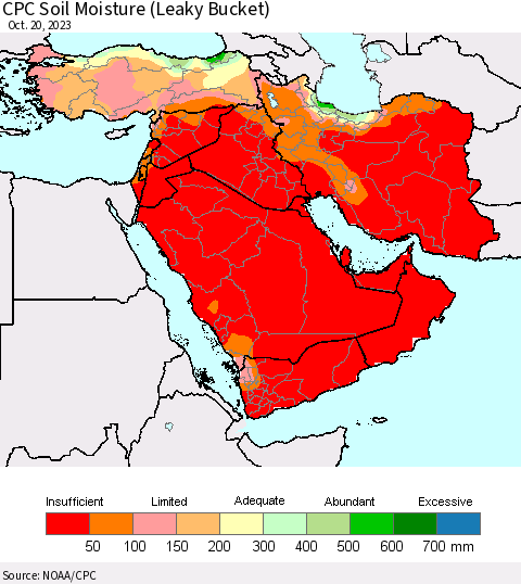 Middle East and Turkey CPC Soil Moisture (Leaky Bucket) Thematic Map For 10/16/2023 - 10/20/2023