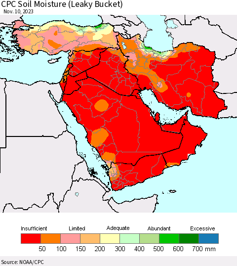 Middle East and Turkey CPC Soil Moisture (Leaky Bucket) Thematic Map For 11/6/2023 - 11/10/2023