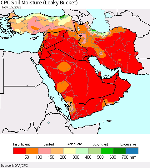 Middle East and Turkey CPC Soil Moisture (Leaky Bucket) Thematic Map For 11/11/2023 - 11/15/2023