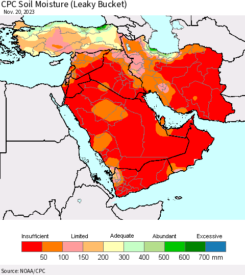 Middle East and Turkey CPC Soil Moisture (Leaky Bucket) Thematic Map For 11/16/2023 - 11/20/2023