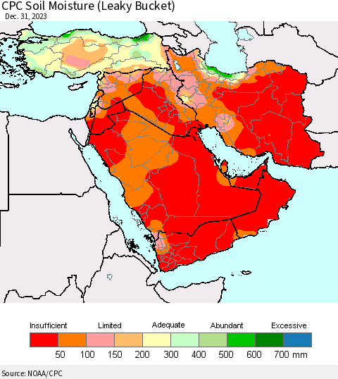 Middle East and Turkey CPC Soil Moisture (Leaky Bucket) Thematic Map For 12/26/2023 - 12/31/2023