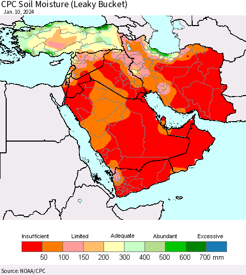 Middle East and Turkey CPC Soil Moisture (Leaky Bucket) Thematic Map For 1/6/2024 - 1/10/2024