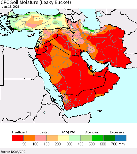 Middle East and Turkey CPC Soil Moisture (Leaky Bucket) Thematic Map For 1/11/2024 - 1/15/2024