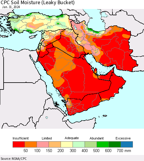Middle East and Turkey CPC Soil Moisture (Leaky Bucket) Thematic Map For 1/26/2024 - 1/31/2024