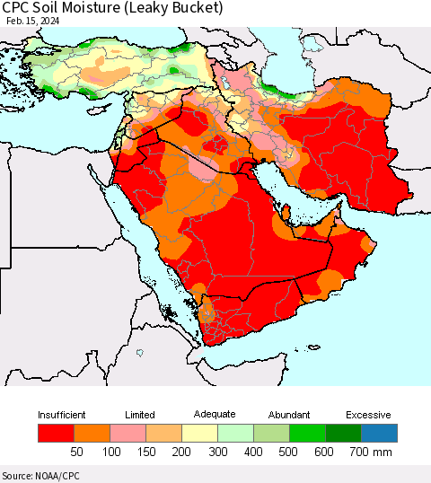 Middle East and Turkey CPC Soil Moisture (Leaky Bucket) Thematic Map For 2/11/2024 - 2/15/2024