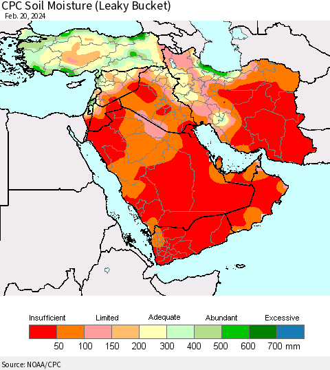 Middle East and Turkey CPC Soil Moisture (Leaky Bucket) Thematic Map For 2/16/2024 - 2/20/2024