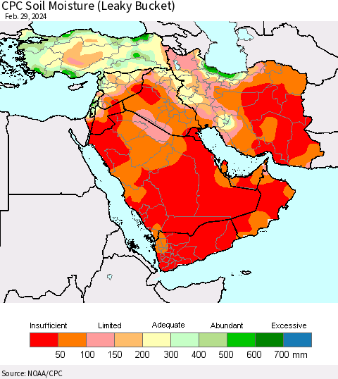Middle East and Turkey CPC Soil Moisture (Leaky Bucket) Thematic Map For 2/26/2024 - 2/29/2024