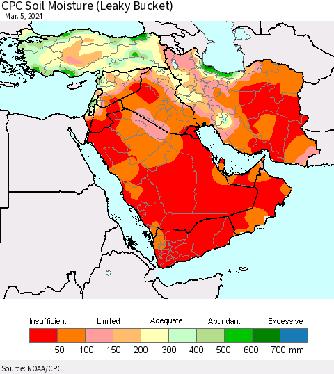 Middle East and Turkey CPC Soil Moisture (Leaky Bucket) Thematic Map For 3/1/2024 - 3/5/2024