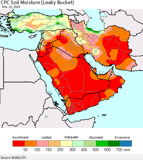 Middle East and Turkey CPC Soil Moisture (Leaky Bucket) Thematic Map For 3/6/2024 - 3/10/2024