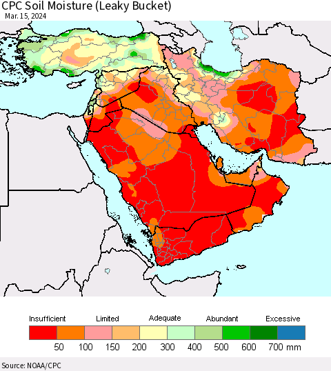 Middle East and Turkey CPC Soil Moisture (Leaky Bucket) Thematic Map For 3/11/2024 - 3/15/2024