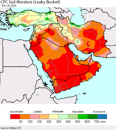 Middle East and Turkey CPC Soil Moisture (Leaky Bucket) Thematic Map For 3/16/2024 - 3/20/2024