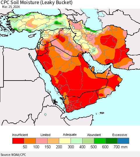 Middle East and Turkey CPC Soil Moisture (Leaky Bucket) Thematic Map For 3/21/2024 - 3/25/2024