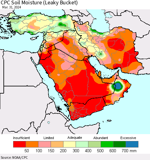 Middle East and Turkey CPC Soil Moisture (Leaky Bucket) Thematic Map For 3/26/2024 - 3/31/2024