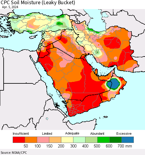 Middle East and Turkey CPC Soil Moisture (Leaky Bucket) Thematic Map For 4/1/2024 - 4/5/2024