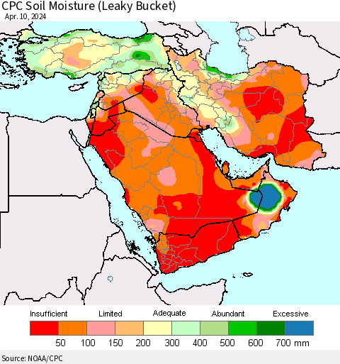Middle East and Turkey CPC Soil Moisture (Leaky Bucket) Thematic Map For 4/6/2024 - 4/10/2024