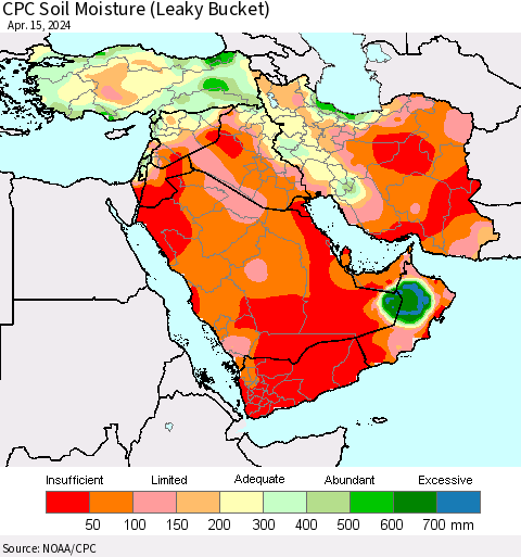 Middle East and Turkey CPC Soil Moisture (Leaky Bucket) Thematic Map For 4/11/2024 - 4/15/2024