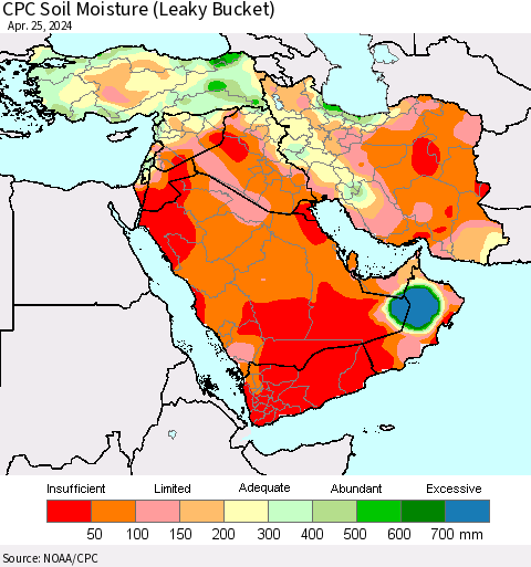 Middle East and Turkey CPC Soil Moisture (Leaky Bucket) Thematic Map For 4/21/2024 - 4/25/2024