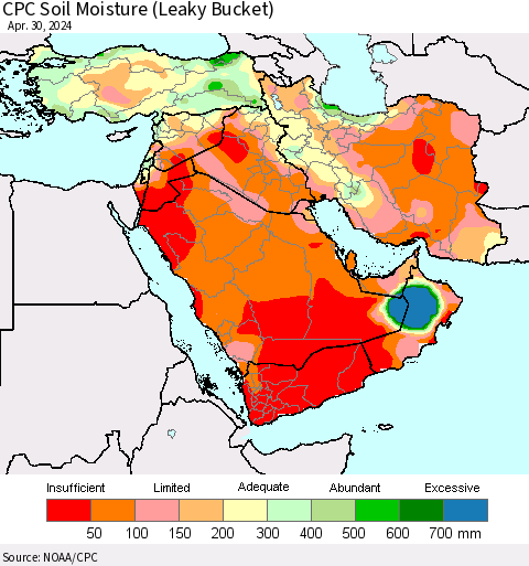 Middle East and Turkey CPC Soil Moisture (Leaky Bucket) Thematic Map For 4/26/2024 - 4/30/2024