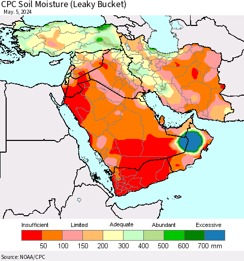 Middle East and Turkey CPC Soil Moisture (Leaky Bucket) Thematic Map For 5/1/2024 - 5/5/2024