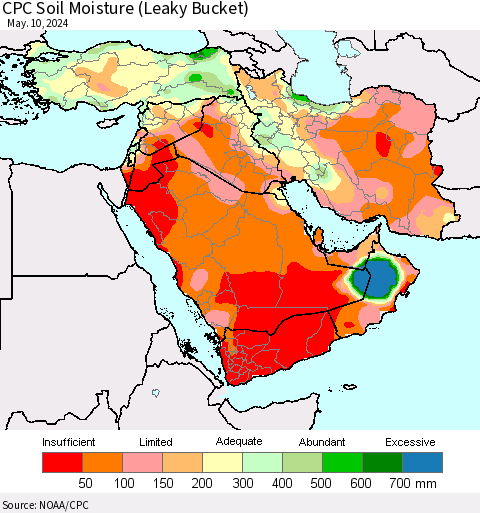 Middle East and Turkey CPC Soil Moisture (Leaky Bucket) Thematic Map For 5/6/2024 - 5/10/2024