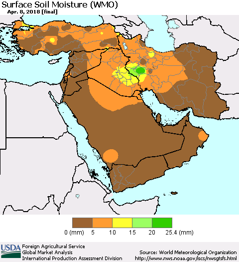 Middle East and Turkey Surface Soil Moisture (WMO) Thematic Map For 4/2/2018 - 4/8/2018