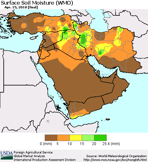 Middle East and Turkey Surface Soil Moisture (WMO) Thematic Map For 4/9/2018 - 4/15/2018