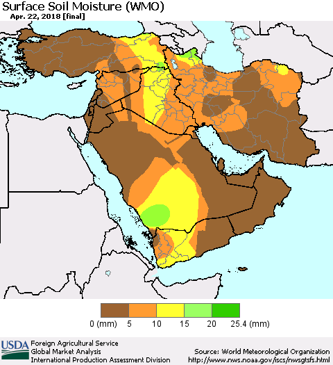 Middle East and Turkey Surface Soil Moisture (WMO) Thematic Map For 4/16/2018 - 4/22/2018