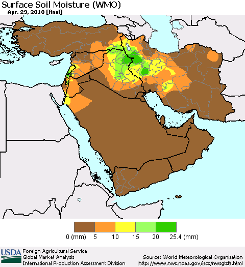 Middle East and Turkey Surface Soil Moisture (WMO) Thematic Map For 4/23/2018 - 4/29/2018
