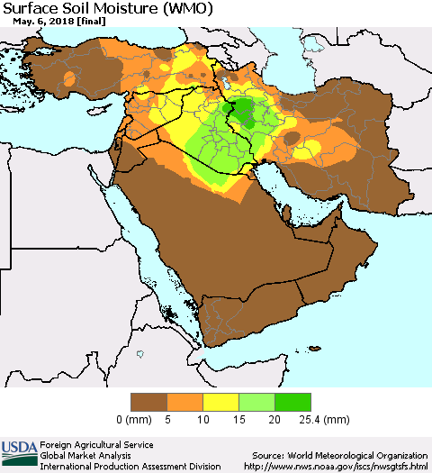 Middle East and Turkey Surface Soil Moisture (WMO) Thematic Map For 4/30/2018 - 5/6/2018