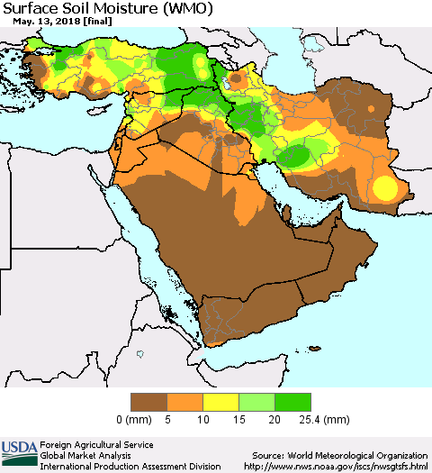 Middle East and Turkey Surface Soil Moisture (WMO) Thematic Map For 5/7/2018 - 5/13/2018