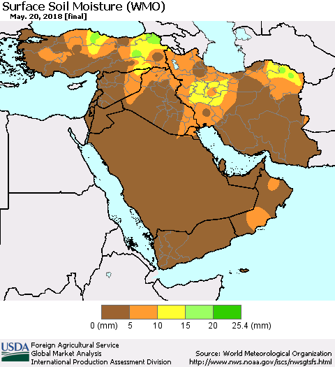 Middle East and Turkey Surface Soil Moisture (WMO) Thematic Map For 5/14/2018 - 5/20/2018